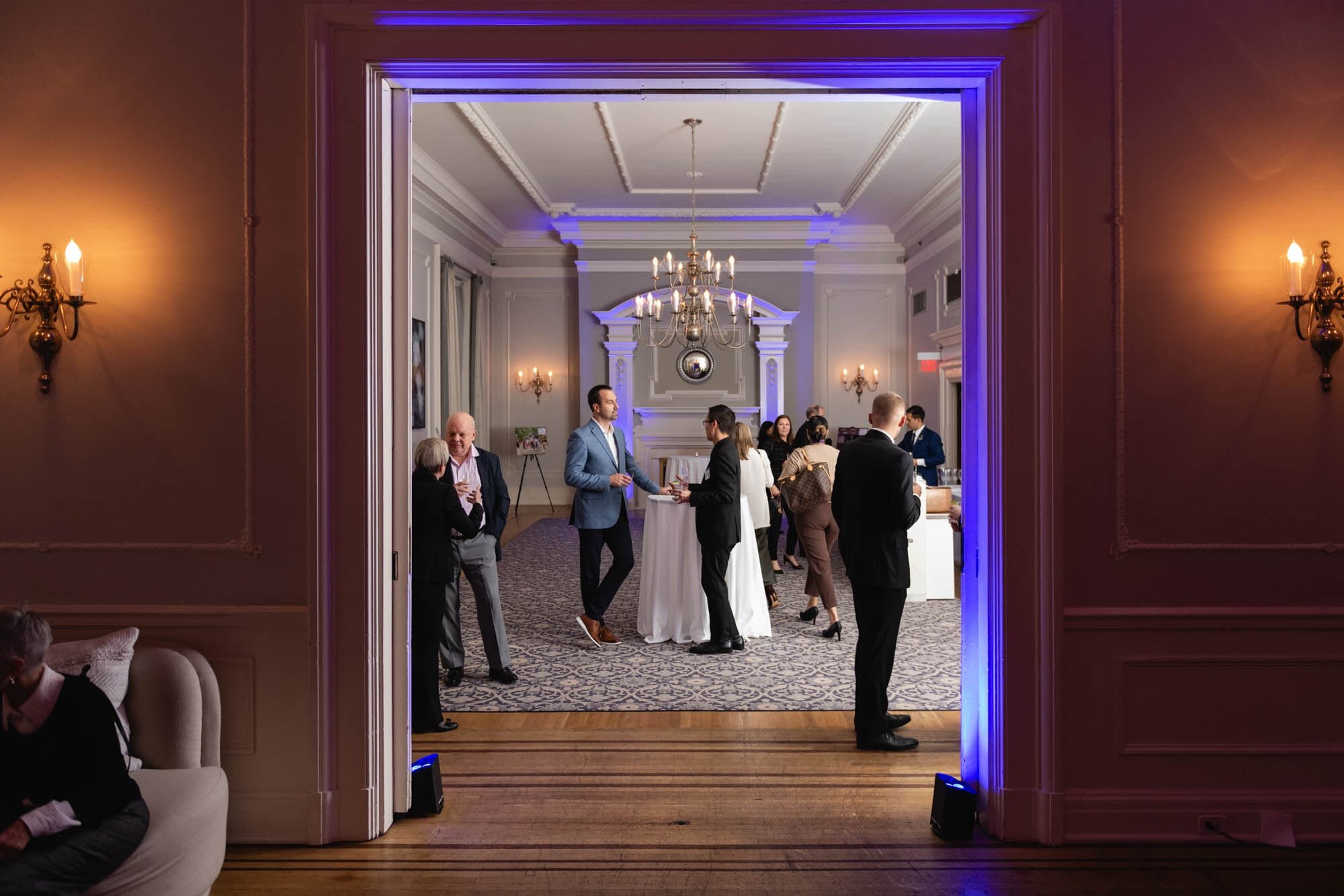 Interntaional Justice Mission-1 People mingling at a formal cocktail hour, the Georgian room