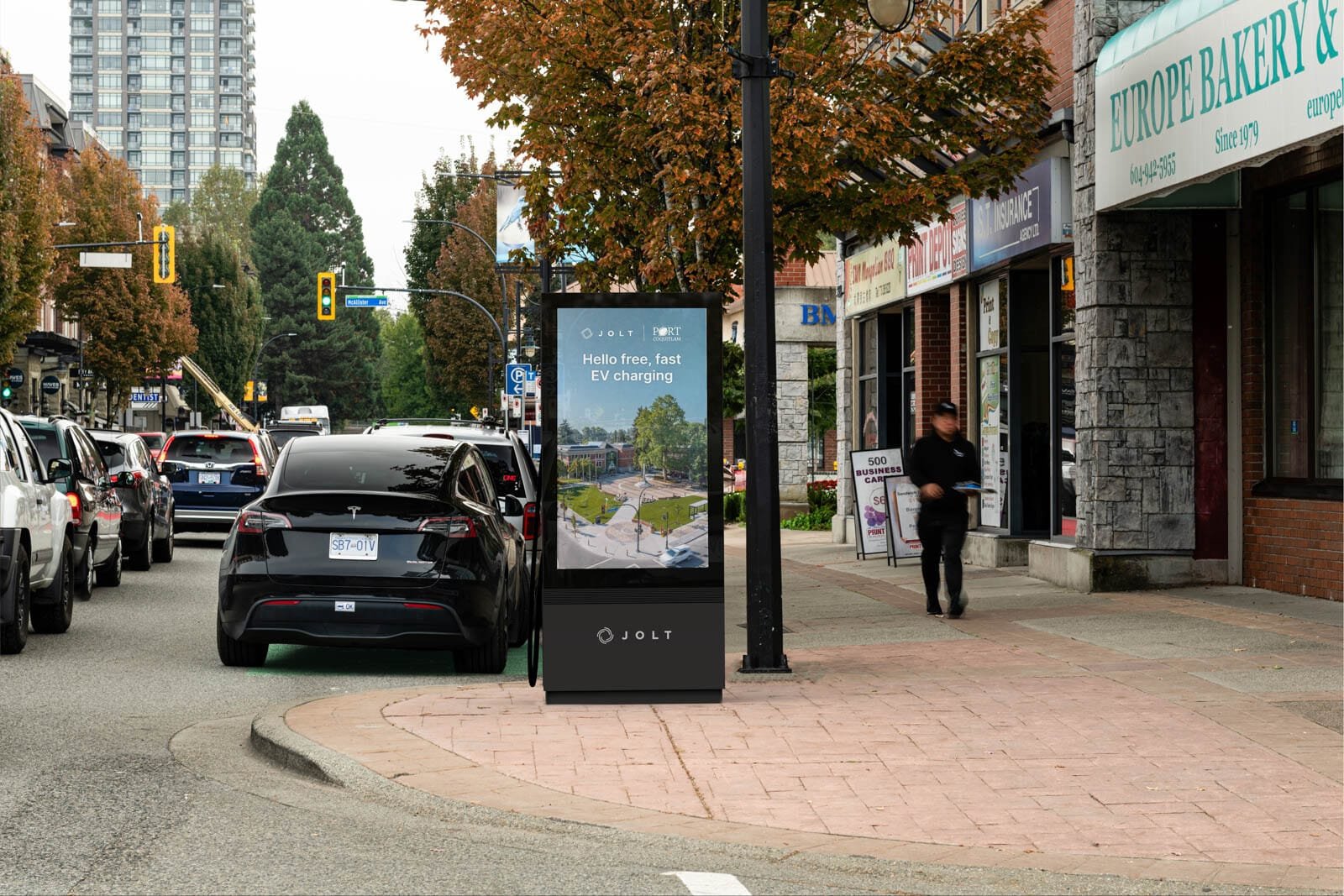 Jolt Charging-1 Street with free EV charging station sign.