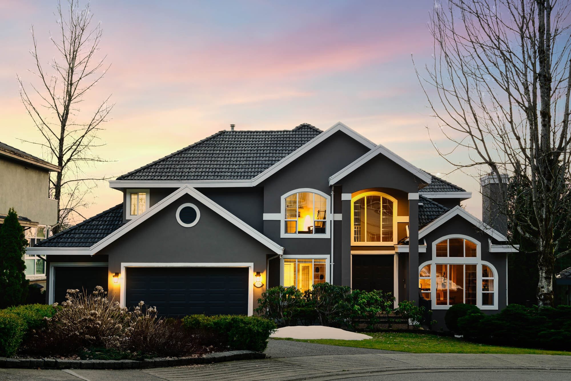 Modern house exterior at twilight